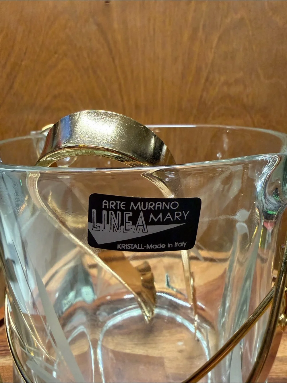 Vintage Arte Murano Linea Mary Crystal Ice Bucket Gold Tone Handle Tongs Italy